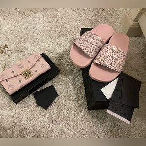 Womens mcm slides and chains wallet